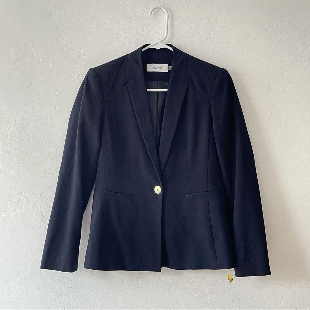 Calvin Klein Navy Blue Blazer w/ Gold Button Professional Office Business - Sz 2 - Picture 1 of 3